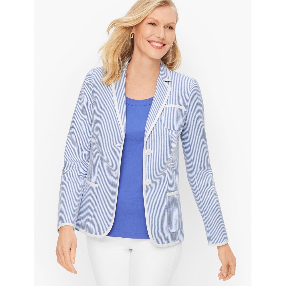 Talbots Blue White Seersucker Striped Cotton Blazer Jacket Size 18 Preppy Trim